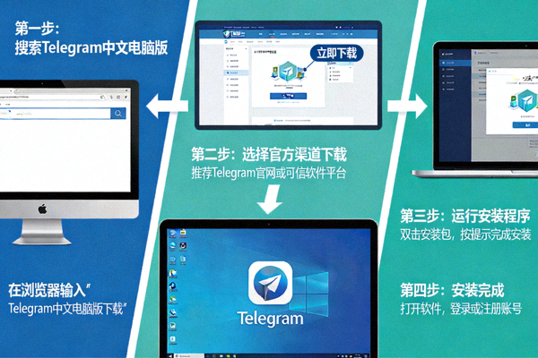 如何获取Telegram中文电脑版的步骤指引箭头图，清晰展示从搜索到完成的路径