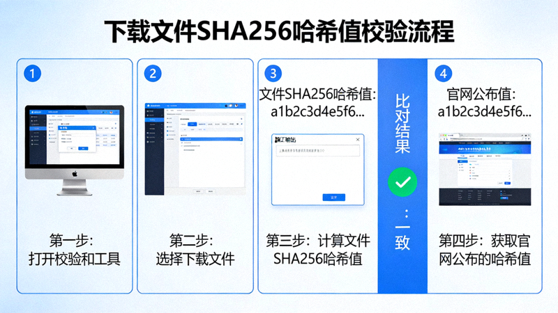 使用校验和工具计算下载文件的SHA256哈希值，并与官网公布的值进行比对的示意图