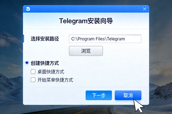 Telegram安装向导界面，用户正在选择安装路径和创建快捷方式