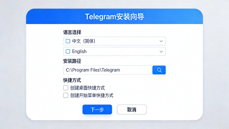 Telegram安装向导界面截图，显示语言选择、安装路径和快捷方式选项