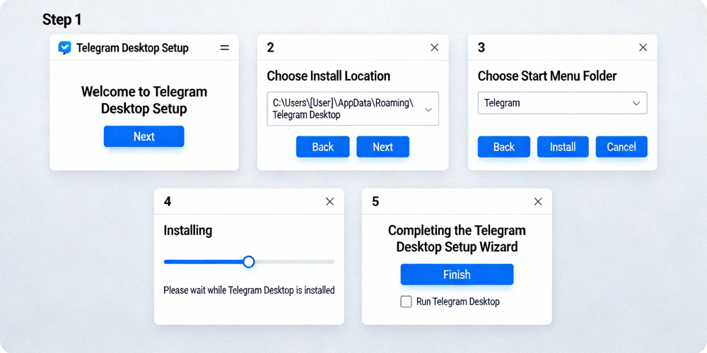 Telegram电脑版安装向导界面逐步操作截图，展示从运行安装程序到完成安装的全过程
