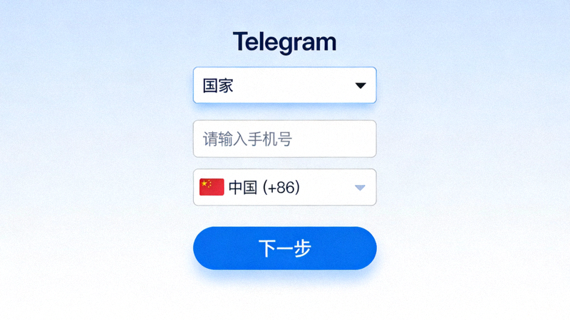 Telegram电脑版登录界面，显示国家选择、手机号输入框和下一步按钮