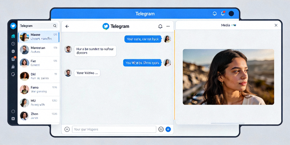 Telegram电脑版多窗口操作界面展示，同时显示聊天列表、主聊天窗口和媒体查看器