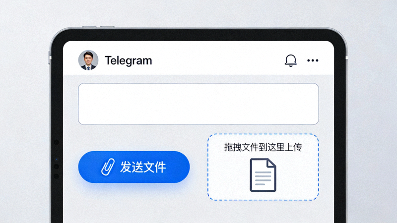 Telegram电脑版聊天窗口，展示发送文件和拖拽文件上传的功能区域
