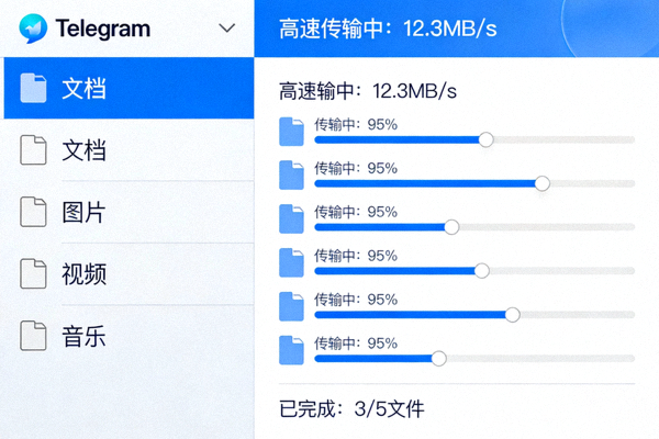 Telegram电脑版文件管理窗口，展示文件分类和高速传输状态