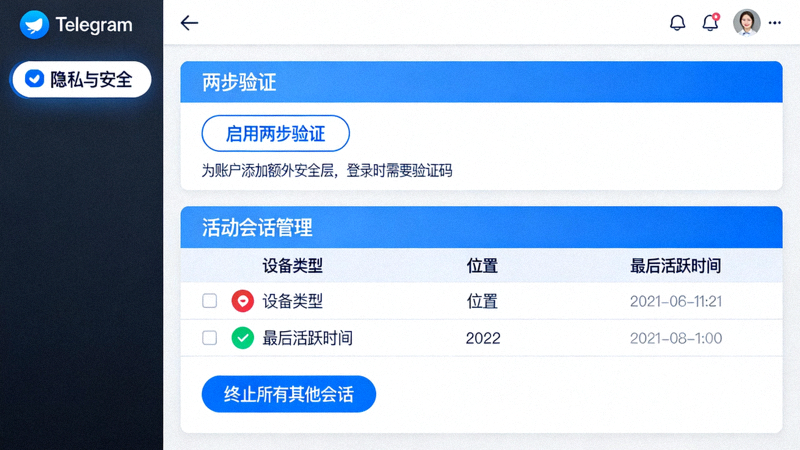 Telegram电脑版隐私与安全设置界面，重点展示两步验证和活动会话管理选项