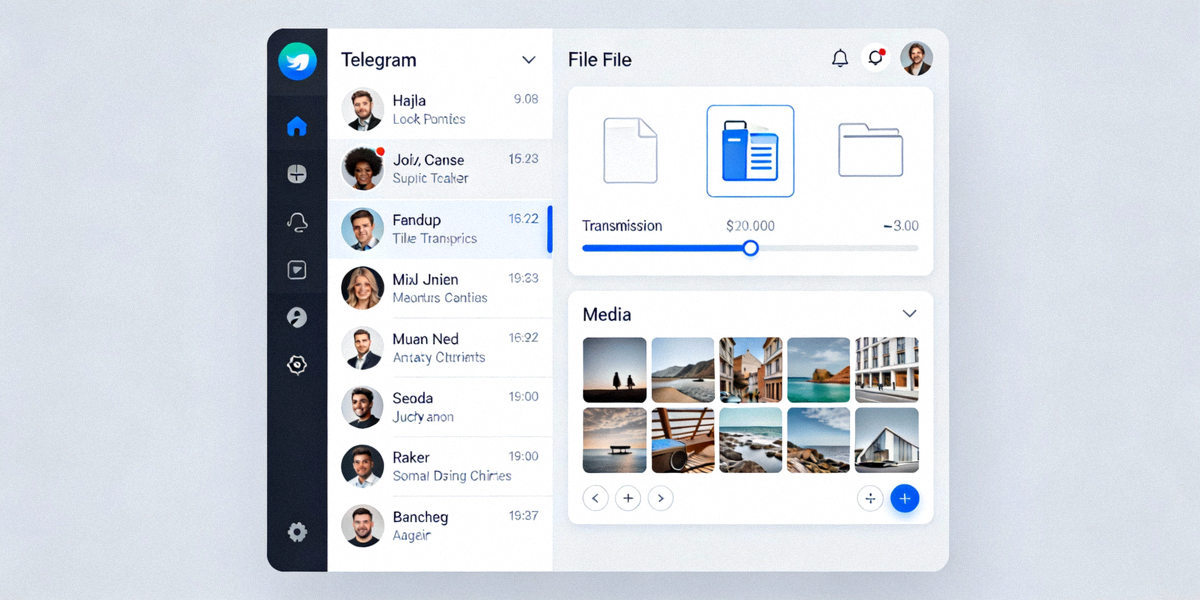 Telegram电脑版主界面，左侧为聊天列表，右侧为文件传输和媒体预览窗口