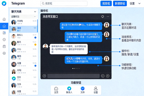 Telegram官方电脑版客户端安装完成后的主界面和功能区域介绍
