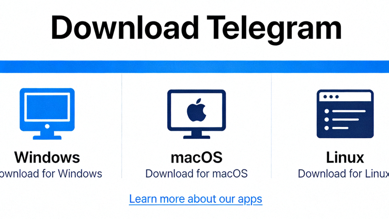 Telegram官网下载页面，显示Windows、macOS和Linux不同版本的下载选项