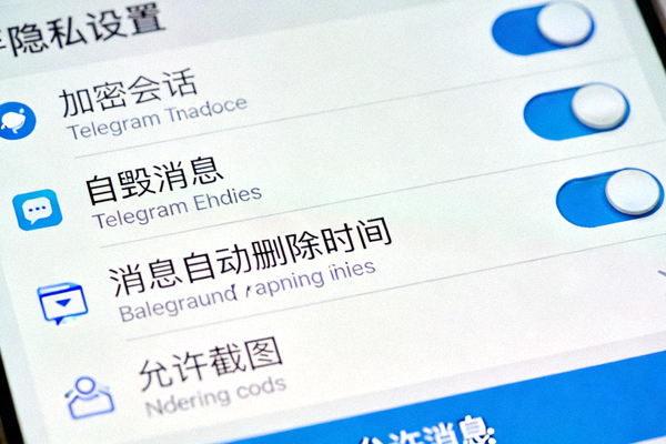 Telegram隐私设置面板特写，展示加密会话和自毁消息等安全选项