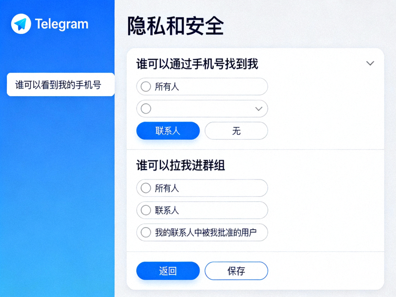 Telegram隐私设置中，谁可以通过手机号找到我以及谁可以拉我进群组的选项配置界面