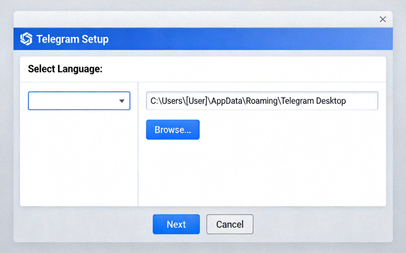 Windows系统上Telegram安装向导界面，显示语言选择和安装路径设置选项