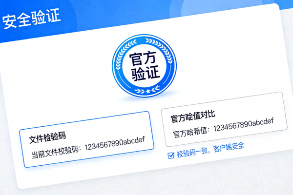 显示官方验证标志和文件校验码的界面，用于确认Telegram客户端的安全性，对比官方哈希值