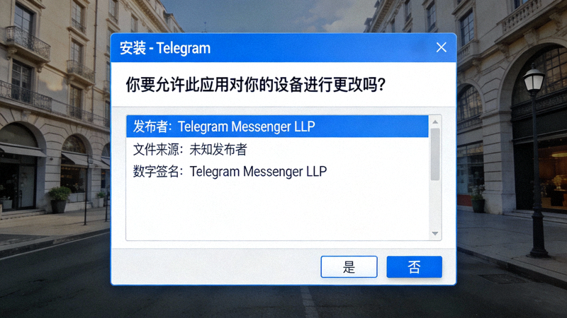 在Windows系统上运行安装程序时，显示数字签名详情为Telegram Messenger LLP的对话框