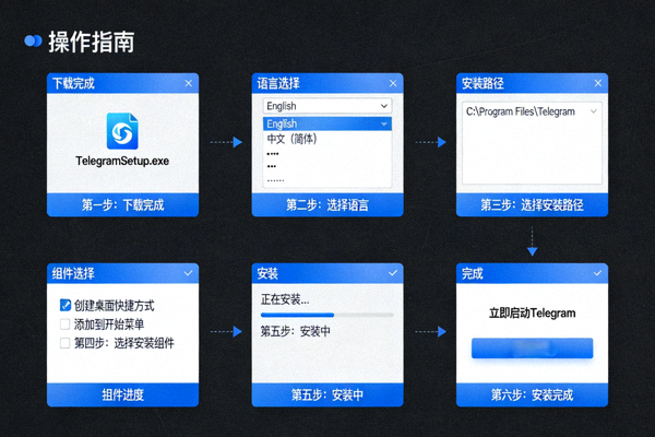 最新版Telegram电脑版安装界面逐步操作示意图，展示每个安装步骤的详细选项